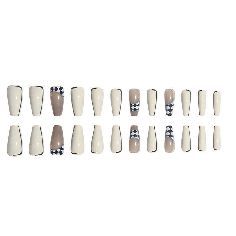Trendy Long Press-On Nail Set with Checkerboard and Solid Design Bowlift