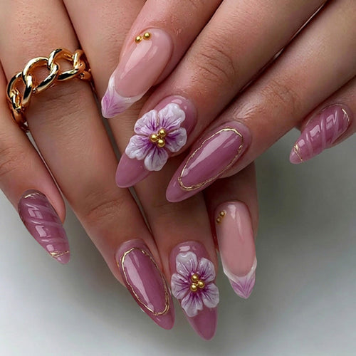 Premium Decorative Press-On Nail Set with Floral Accents Bowlift