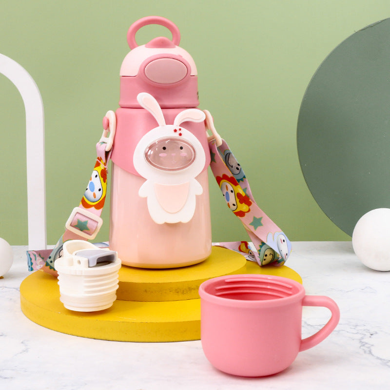 Women's Insulated Water Bottle with Cute Rabbit Design and Practical Carry Strap Bowlift