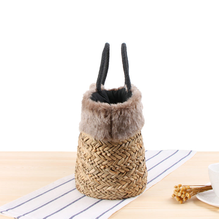 Basket bag with fluffy upper edge and decorative bow detail Bowlift