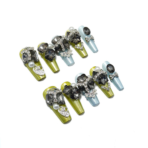 Glamorous Art Nails with Rhinestones and Pearls Bowlift
