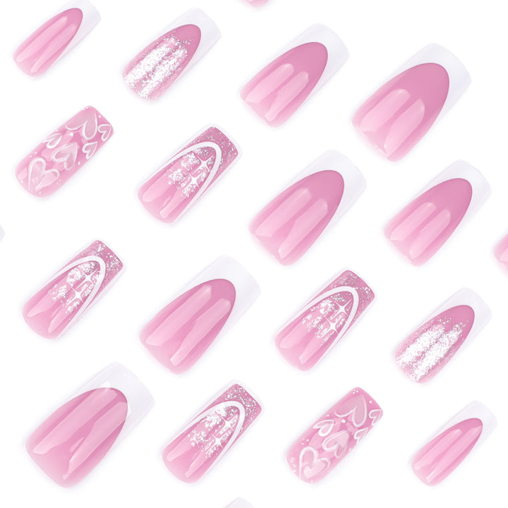 Artful Nail Extensions with Modern Glitter Design and Heart Accents Bowlift