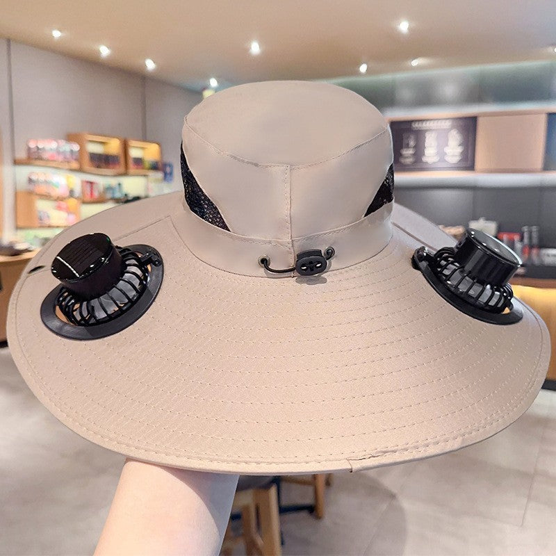 Ventilated sun hat with integrated battery fans, breathable mesh inserts, and adjustable chin strap Bowlift