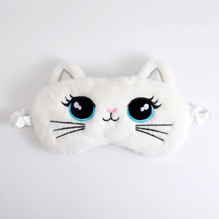 Women's cozy sleep mask in cat shape with embroidered face, soft plush ears, and adjustable satin ribbon Bowlift