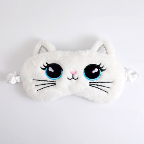 Women's cozy sleep mask in cat shape with embroidered face, soft plush ears, and adjustable satin ribbon Bowlift