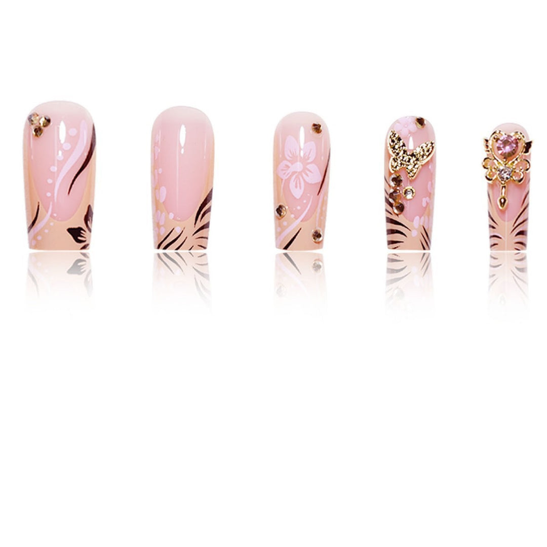 Artistic Press-On Nails with Floral and Gemstone Accents Bowlift