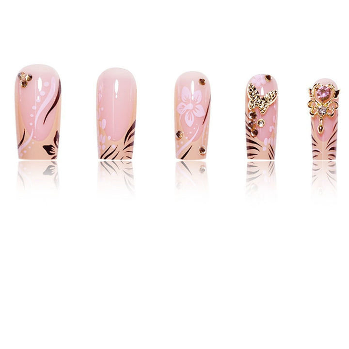 Artistic Press-On Nails with Floral and Gemstone Accents Bowlift