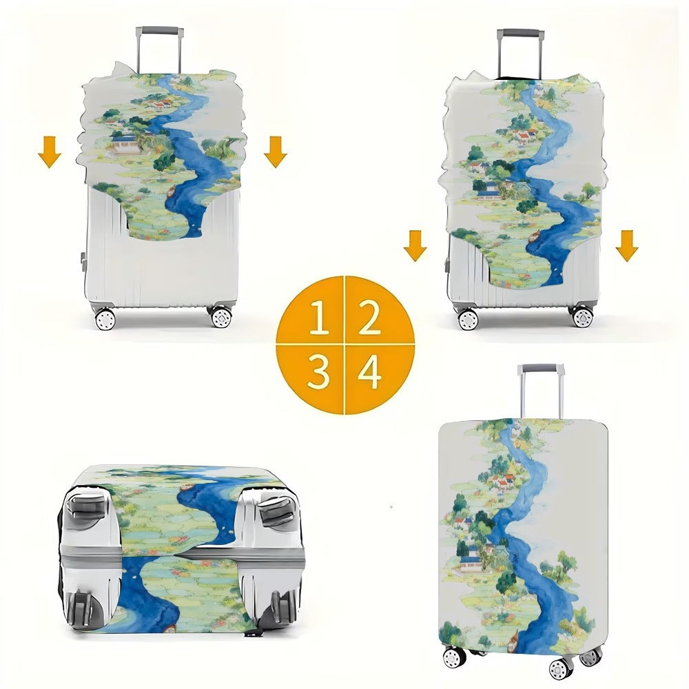 Unisex nan elastic suitcase cover with detailed river and village illustration print, tear-resistant stretch protection for hard shell and fabric trolley Bowlift