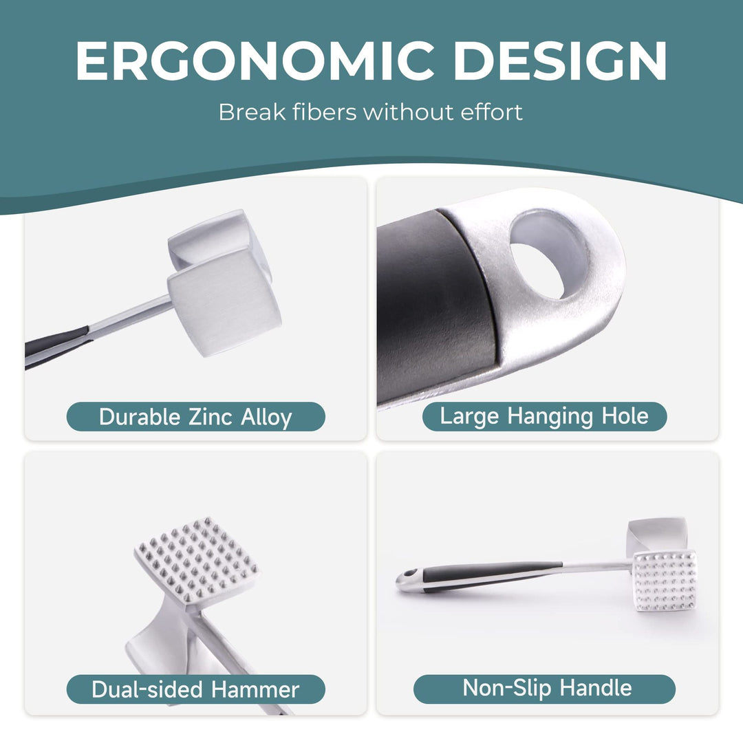 Heavy-Duty Stainless Steel Dual-Sided Meat Tenderizer with Ergonomic Non-Slip Handle Bowlift