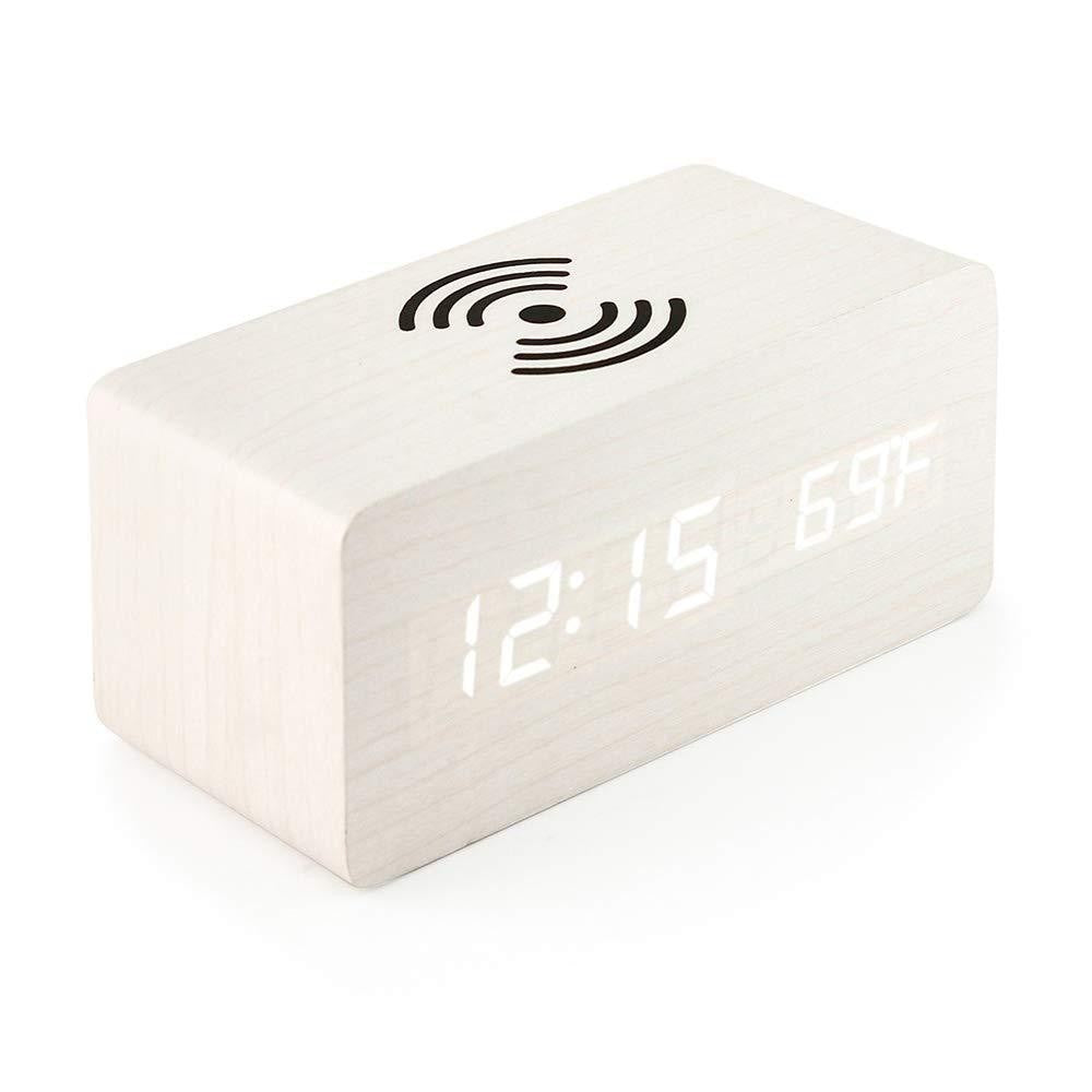 Wooden LED Alarm Clock with Wireless Qi Charging and Indoor Temperature Display Bowlift