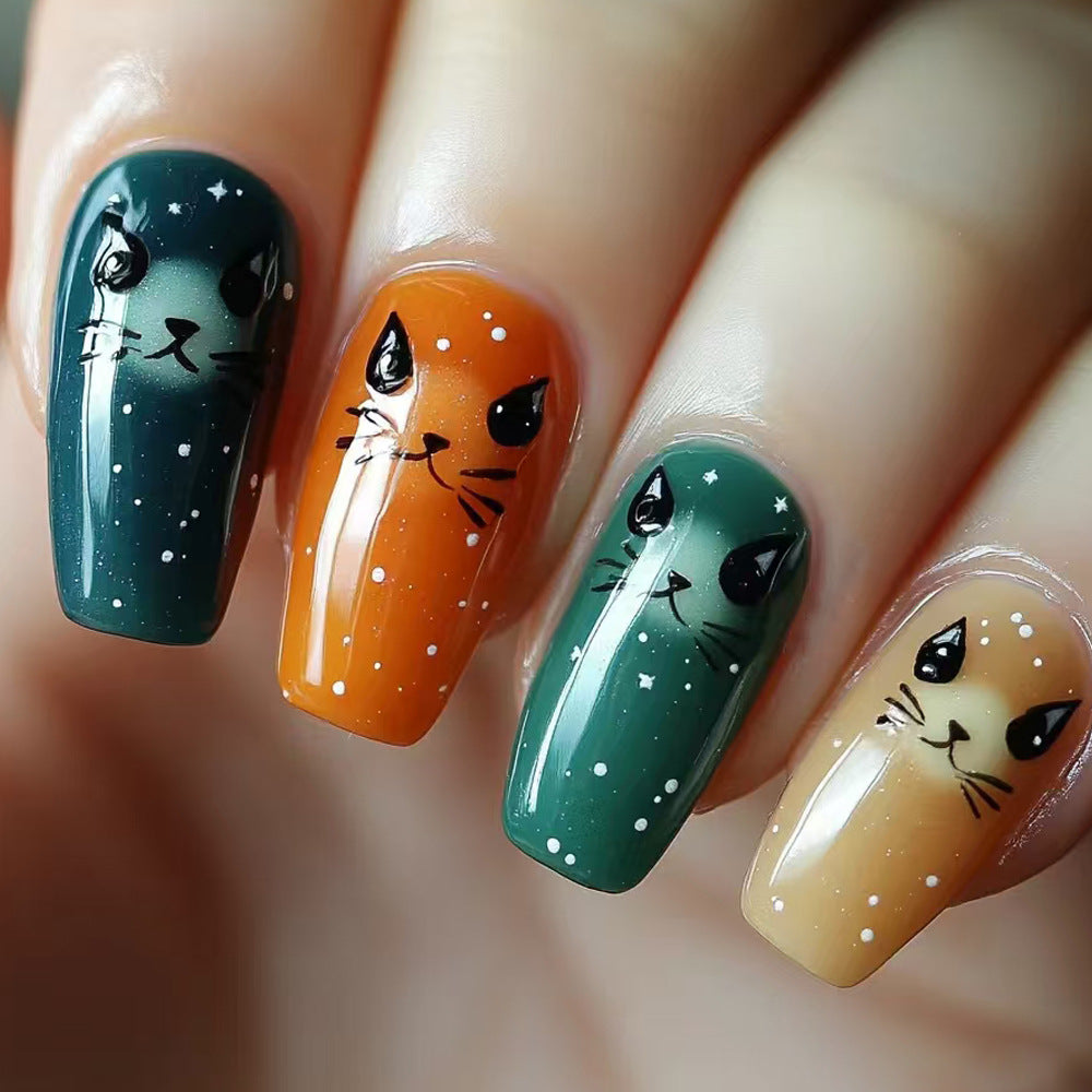 Artistic Cat-Themed Press-On Nail Art Bowlift