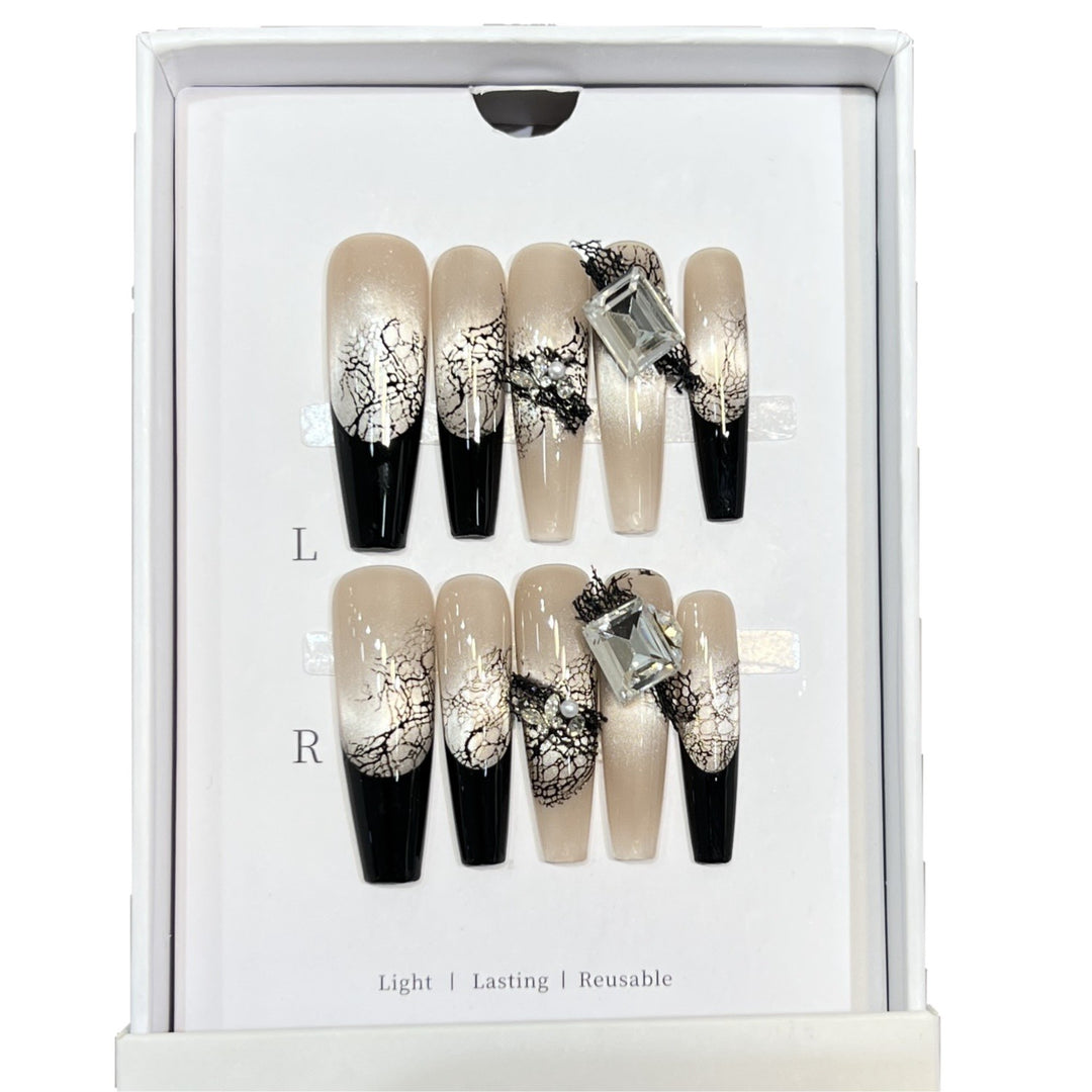 Artistic Press-On Nail Set with Unique Lace and Gemstone Accents Bowlift