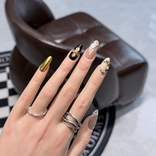 Artistic Press-On Nail Set with Decorative Floral Elements Bowlift