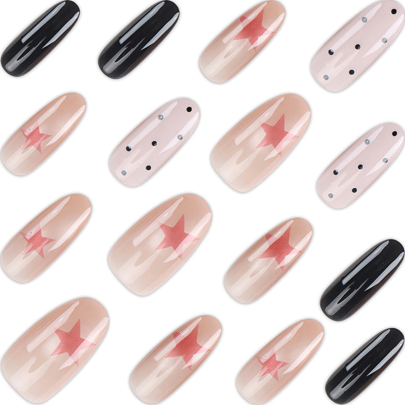 Elegant Decorative Press-On Nail Set with Star and Polka Dot Patterns Bowlift