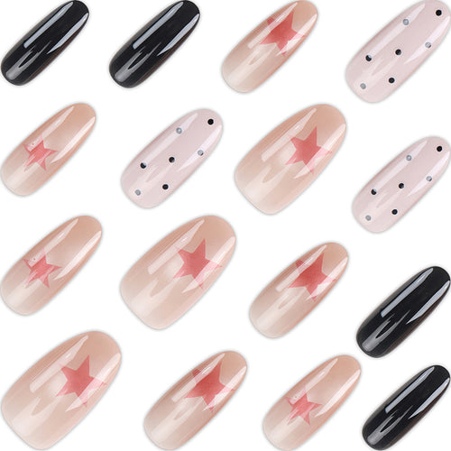 Elegant Decorative Press-On Nail Set with Star and Polka Dot Patterns Bowlift