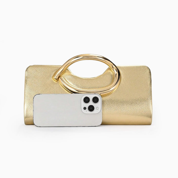 Structured Metallic Evening Clutch with Sculptural Polished Metal Handle Bowlift