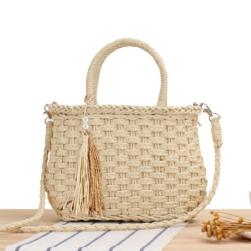 Handbag Made of Woven Natural Material with Fashionable Fringes Bowlift