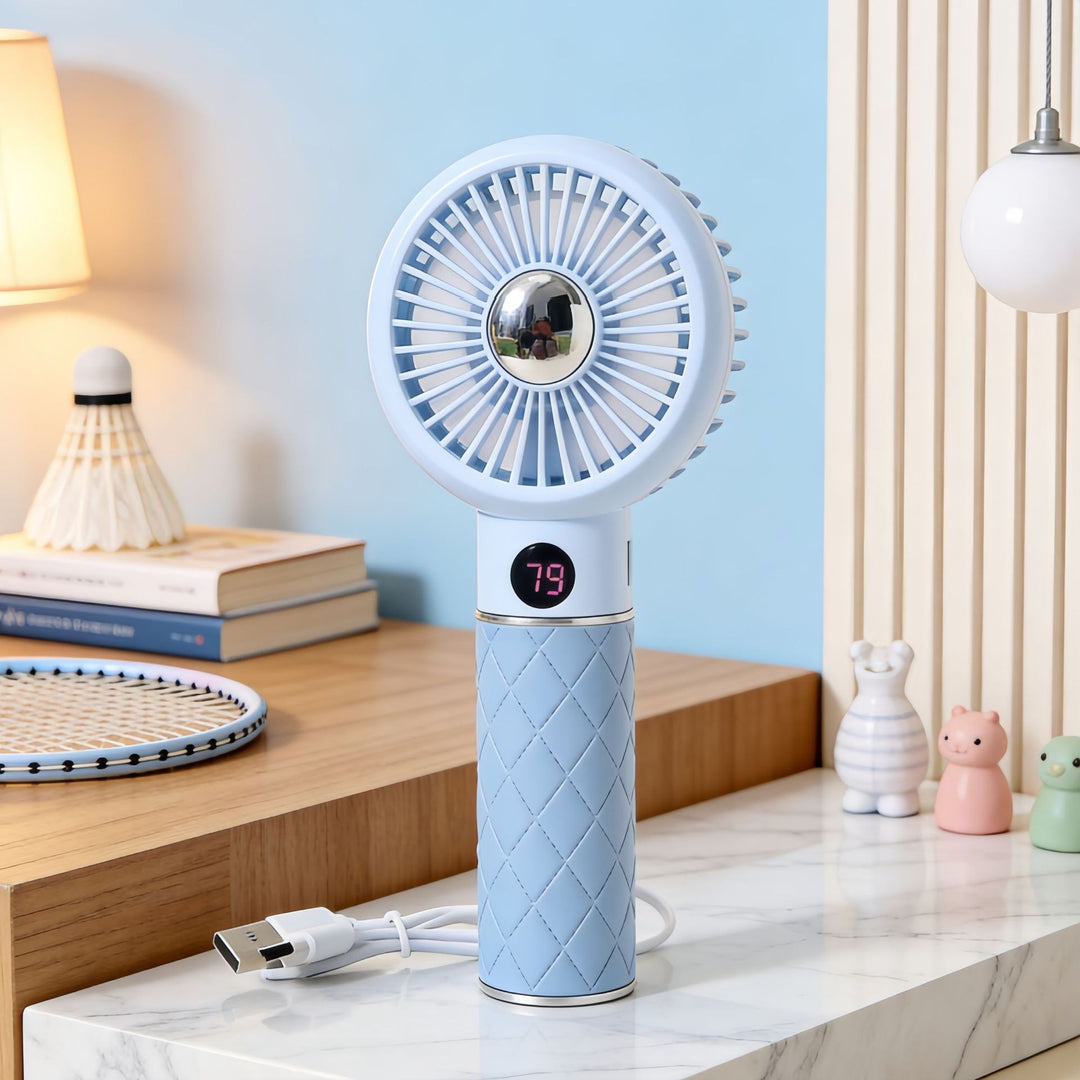 Ladies Portable Mini Hand Fan with Digital Temperature Display and Cute Bear Design Bowlift