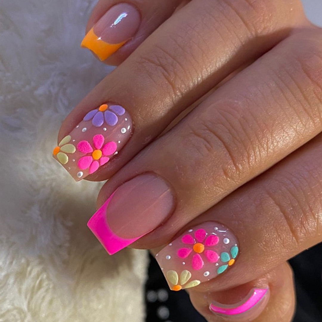 Artificial nail set with colorful flowers and creative French design Bowlift