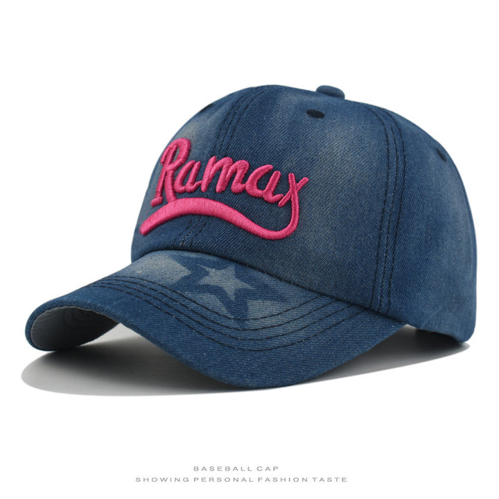 Men's Distressed Denim Embroidered Baseball Cap Bowlift