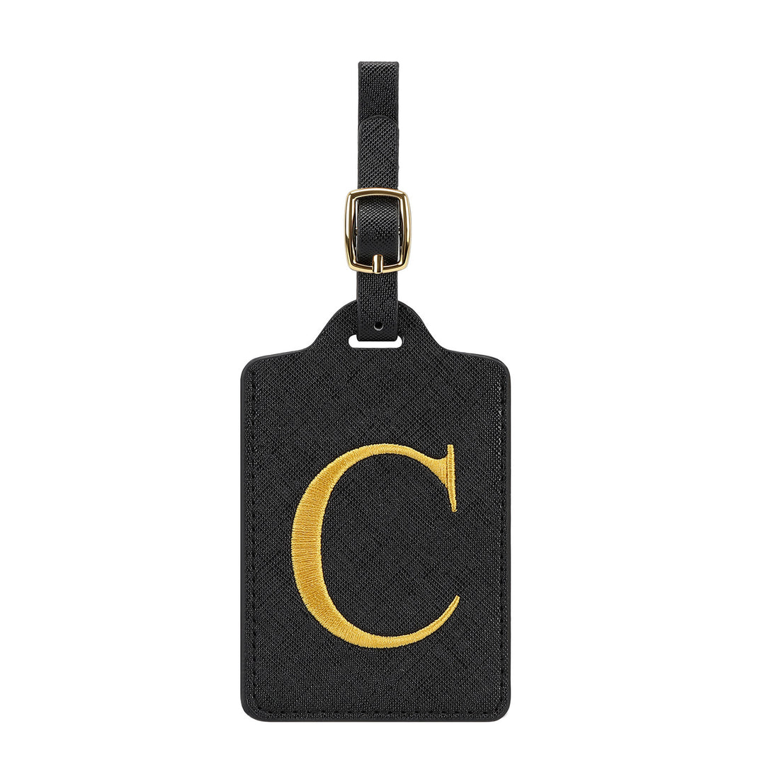 embroidered initial monogram leather luggage tag with adjustable buckle strap Bowlift