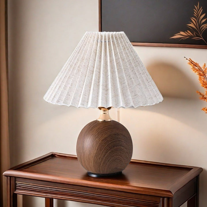 Mid-Century Round Wood Base Pleated Fabric Shade Bedside Lamp Bowlift
