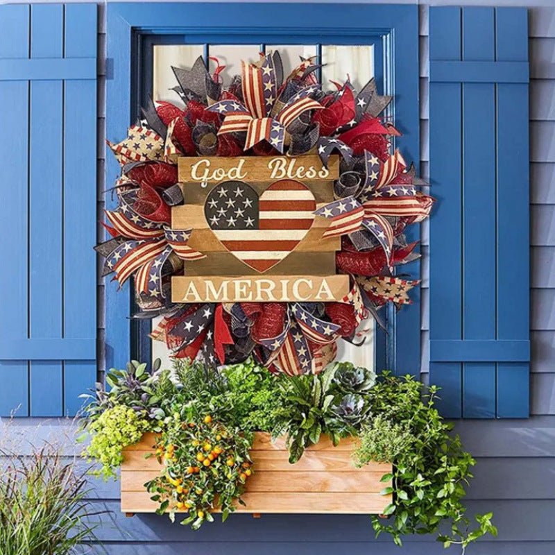 Unisex rustic patriotic door wreath with wooden sign heart motif and bow bouquet Bowlift