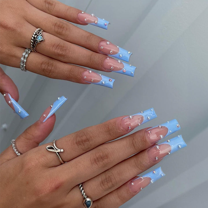 Premium Decorative Press-On Nail Set with Elegant Blue Tips and Jewel Accents Bowlift