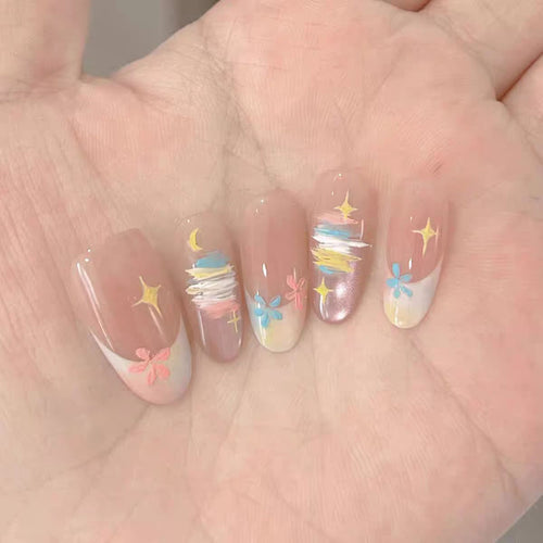 Artistic Press-On Nail Set with Floral and Glitter Design Bowlift