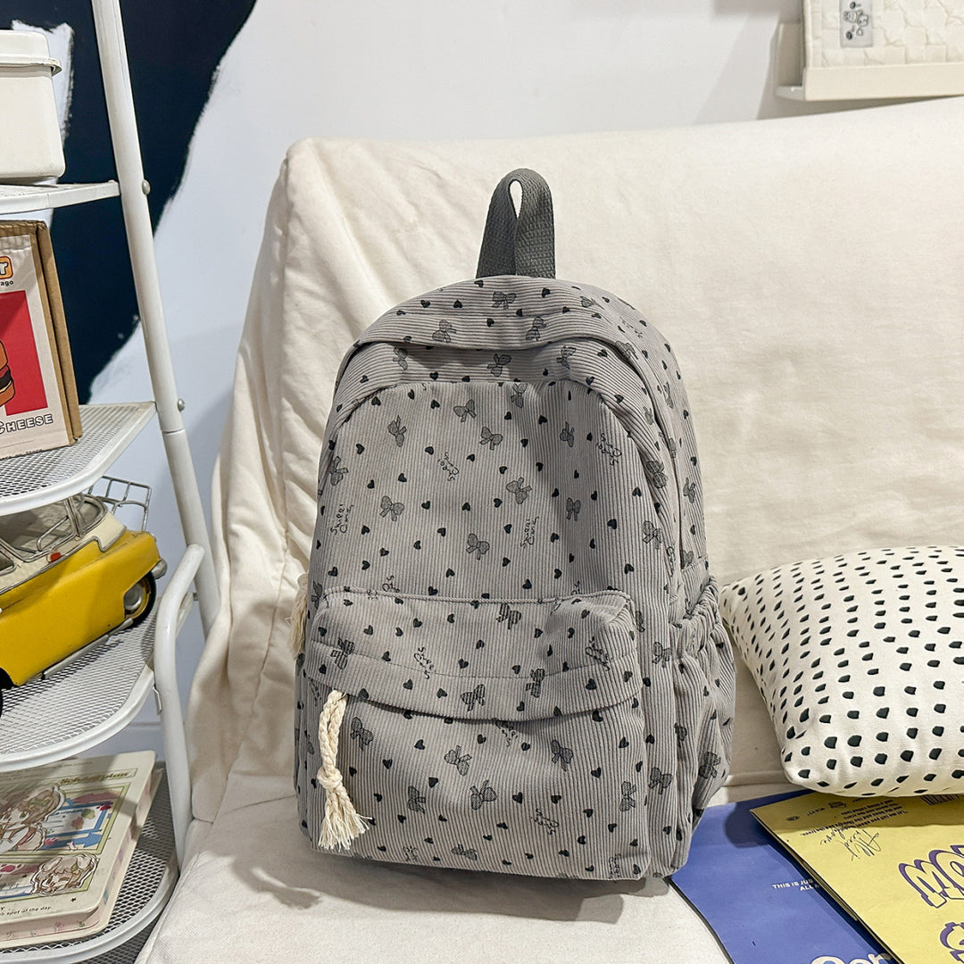 Textured Corduroy Backpack with Heart Pattern