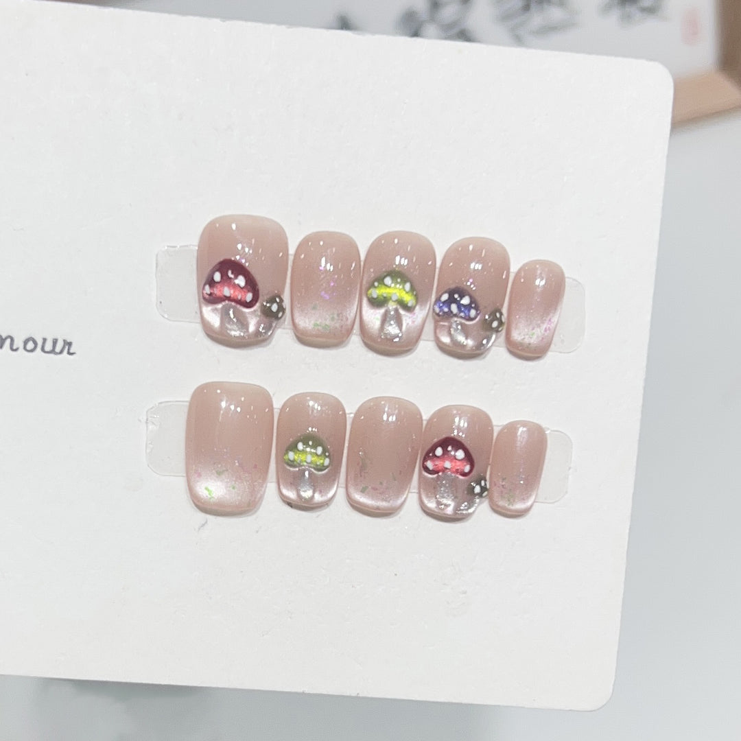 Artistic Press-On Nail Set with Playful Mushroom Designs Bowlift