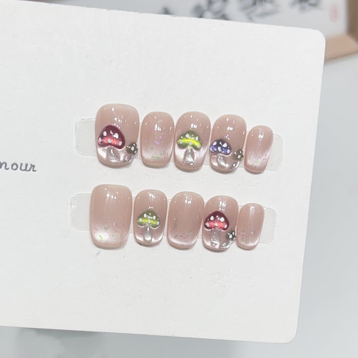 Artistic Press-On Nail Set with Playful Mushroom Designs Bowlift