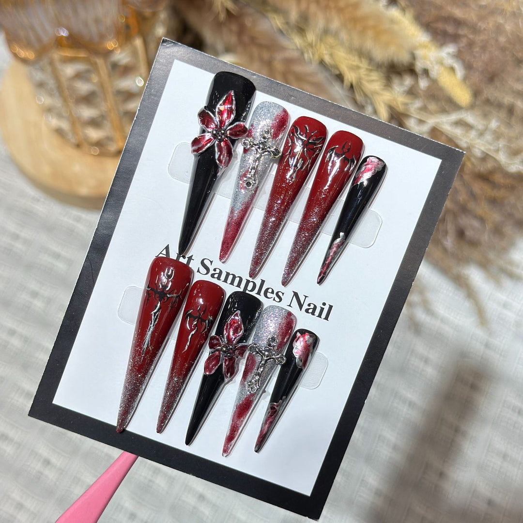 Artistic Stiletto Press-On Nail Set with Unique Gothic Design Elements Bowlift