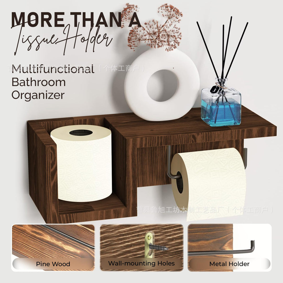 Wall-Mounted Wooden Toilet Paper Shelf Organizer with Metal Roll Holder and Storage Cubby Bowlift
