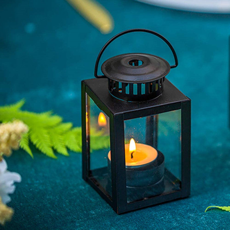Mini Metal Tea Light Lantern with Glass Panels and Foldable Carry Handle Bowlift