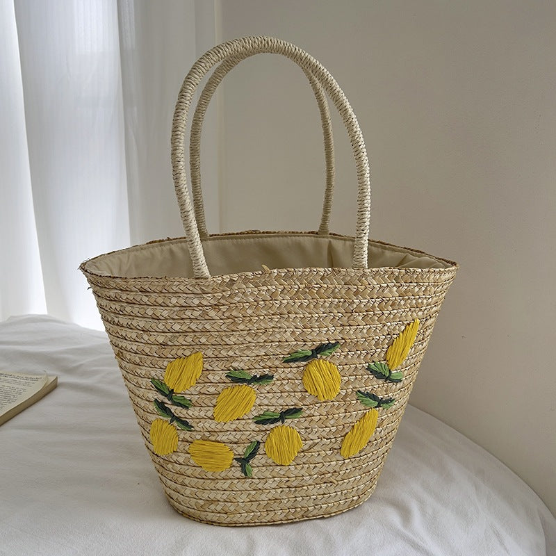 Handmade straw bag with colorful lemon motif Bowlift
