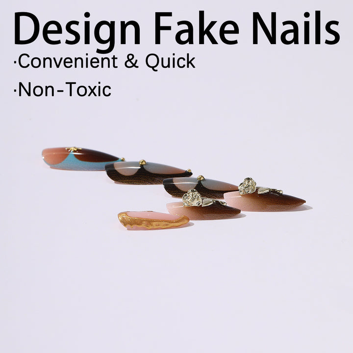 Artificial nail set with luxurious gold design and floral accents Bowlift