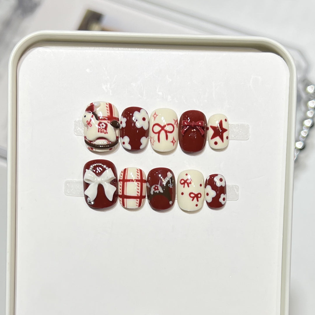 Artistic Press-On Nail Set with Elegant Floral Design Bowlift