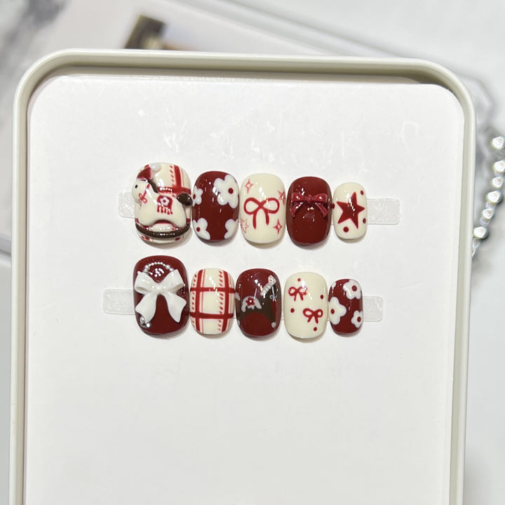 Artistic Press-On Nail Set with Elegant Floral Design Bowlift