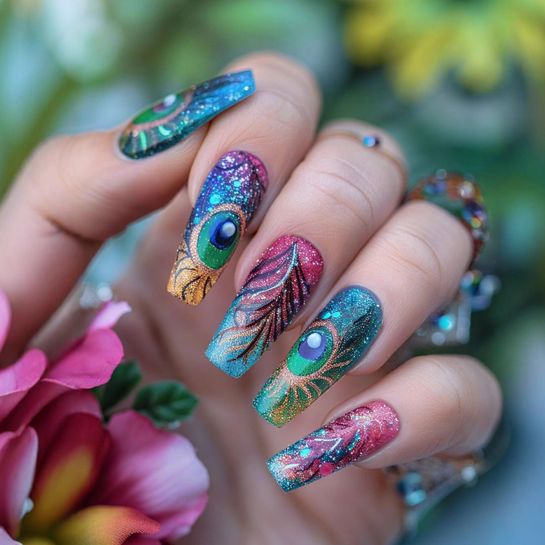 Artificial nails with detailed peacock feather motif Bowlift