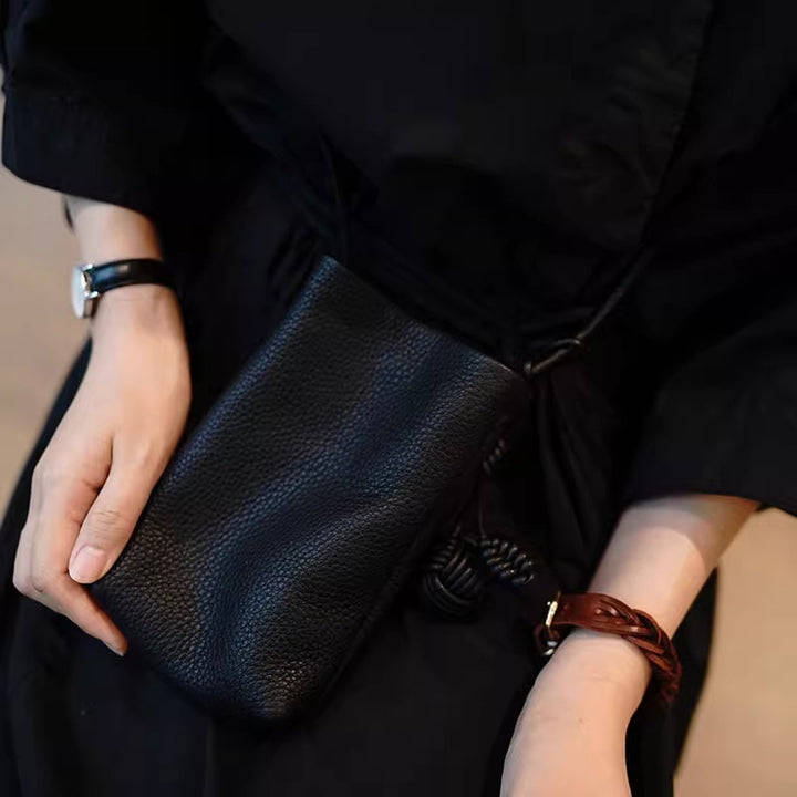 Pebbled Leather Mini Crossbody Phone Pouch with Knotted Strap Bowlift