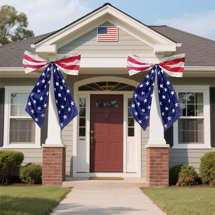 Independence Day oversized patriotic door bow and cascading porch flag swag Bowlift