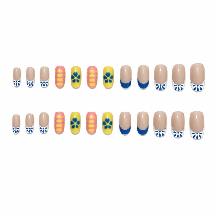 Artistic Press-On Nail Set with Floral and Geometric Designs Bowlift