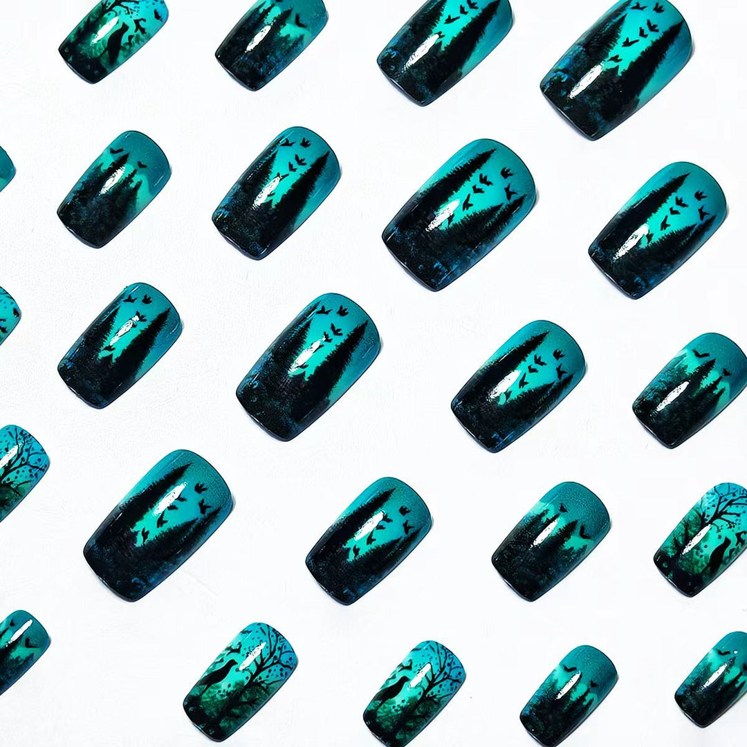 Art nails with creative forest scene design Bowlift