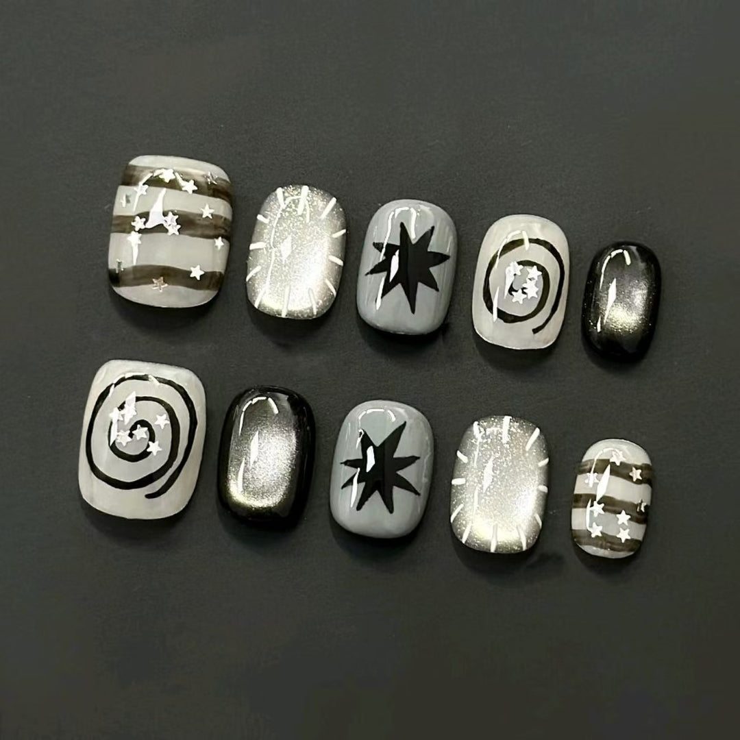 Artistic Press-On Nail Set with Geometric Designs Bowlift