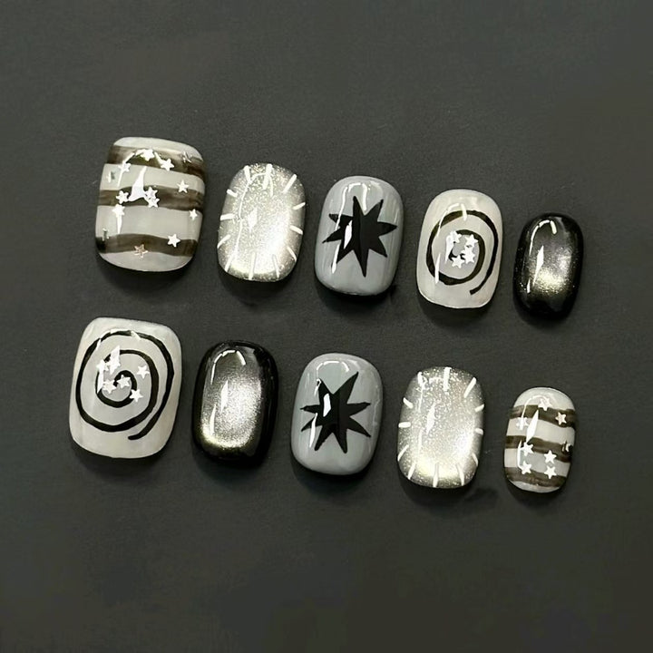 Artistic Press-On Nail Set with Geometric Designs Bowlift