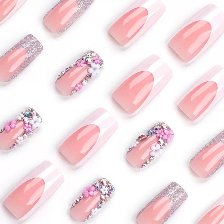 Artificial nail set with elegant 3D flowers and glitter embellishments Bowlift