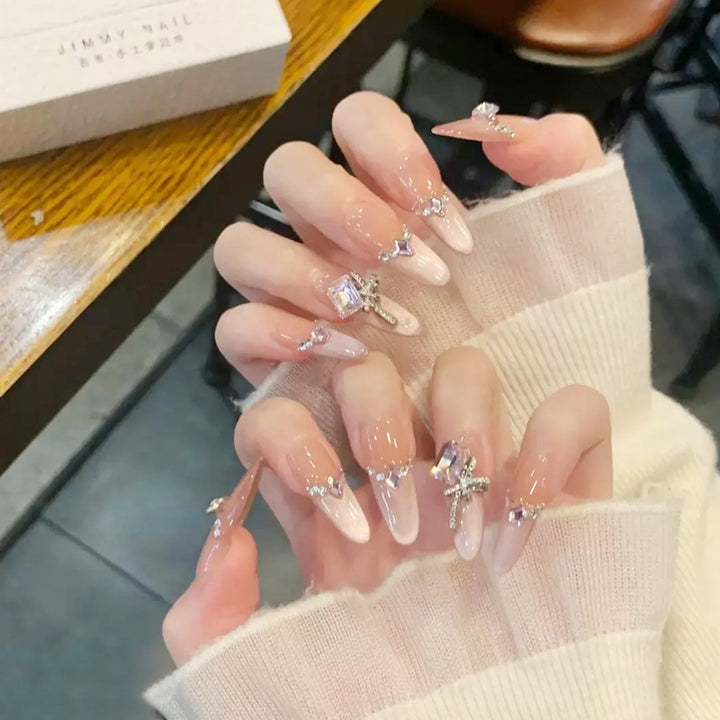 Artificial nail set with elegant crystal decorations and ombre effect Bowlift