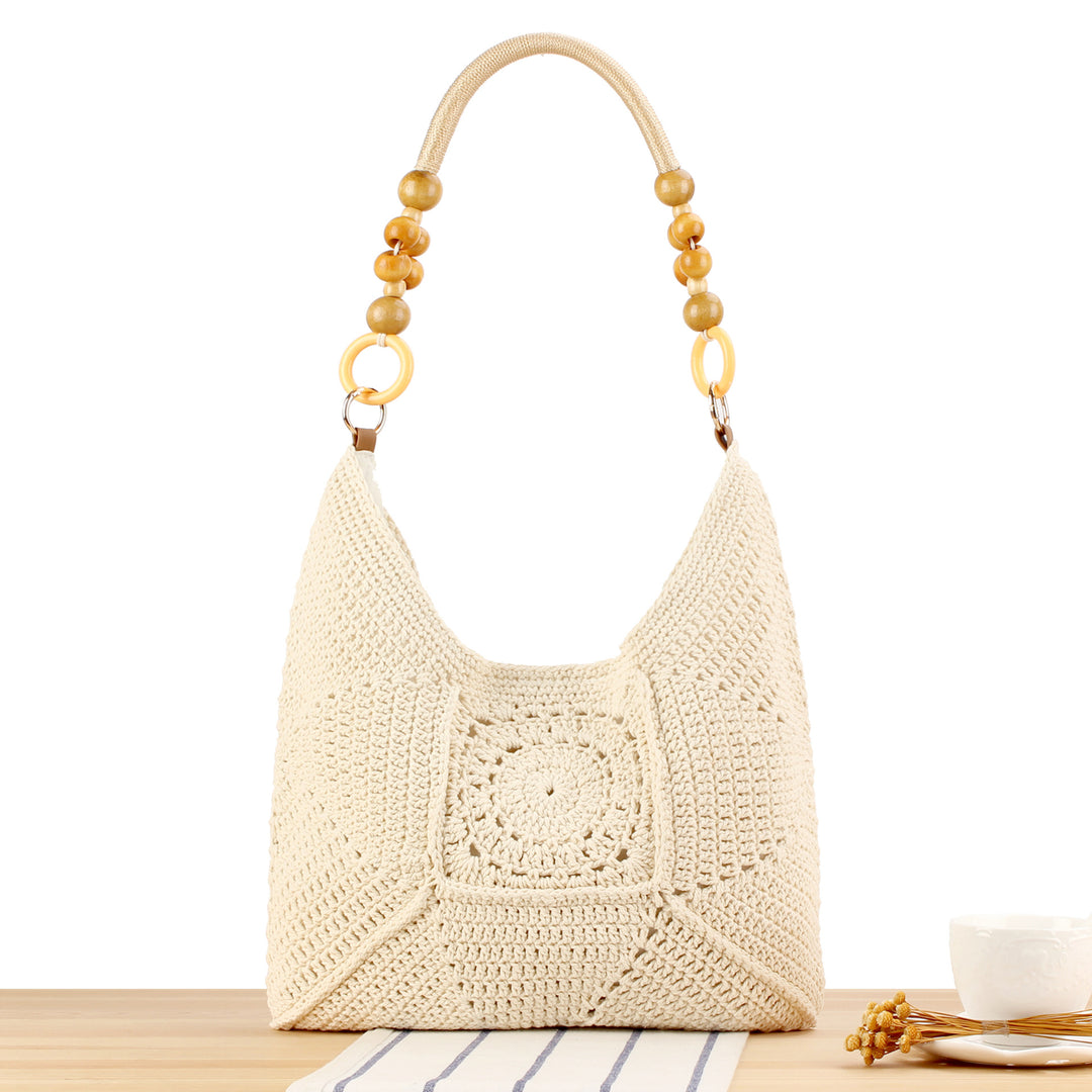 Handbag Made of Hand-Knotted Natural Material with Stylish Wooden Handles Bowlift