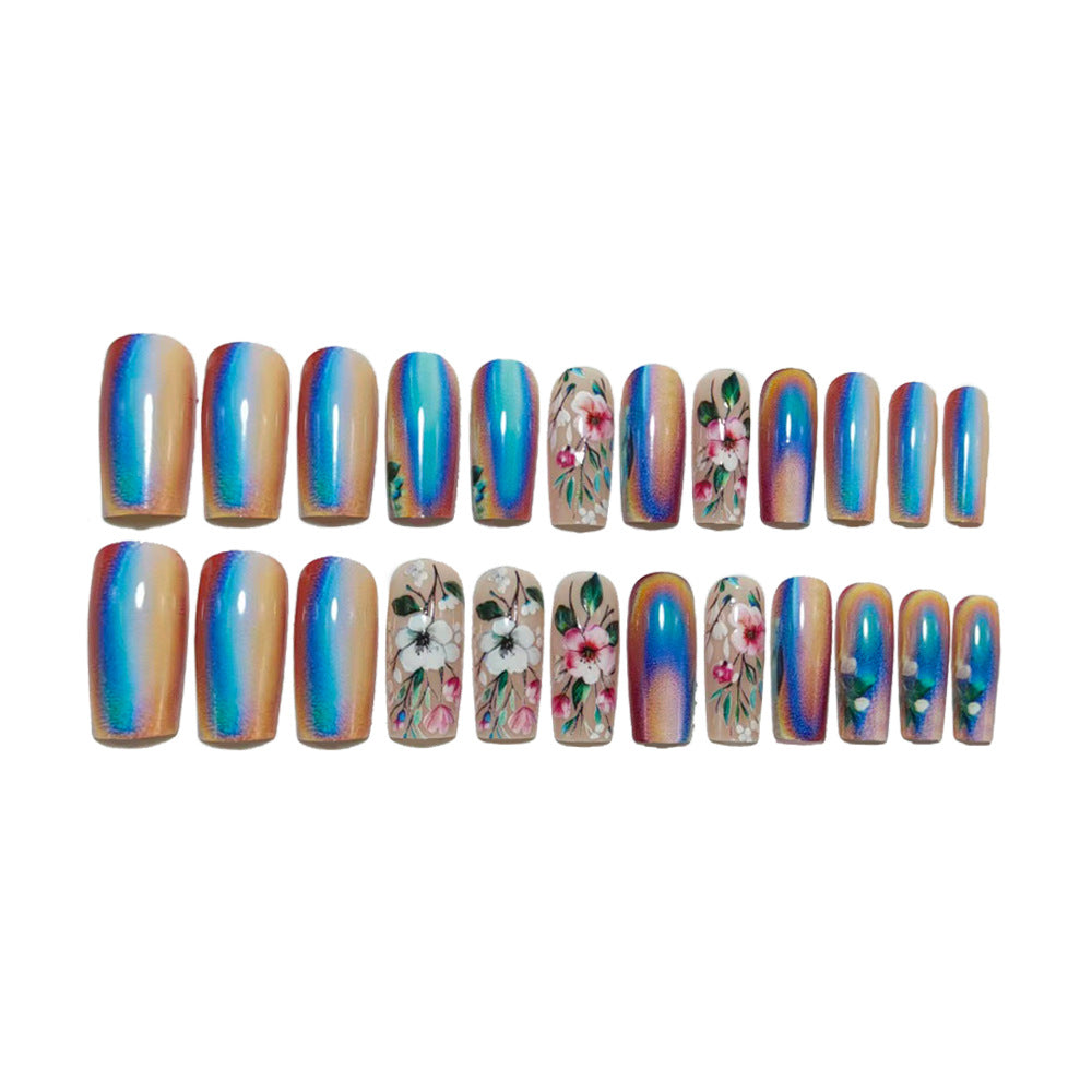 Artificial nails with elegant floral designs and holographic effect Bowlift